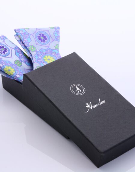 Men's Blue and Yellow Floral Silk Self Tie Bow Tie with Pocket Handkerchief - Amedeo Exclusive