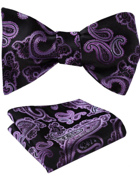 Men's Silk Purple Black Paisley Self Bow Tie & Pocket Handkerchief - Amedeo Exclusive