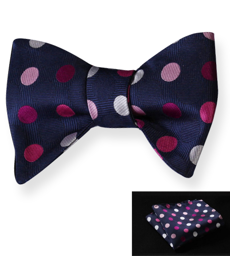 Men's Silk Pink Navy Blue Polka Dot Self Bow Tie Matching Handkerchief - Amedeo Exclusive
