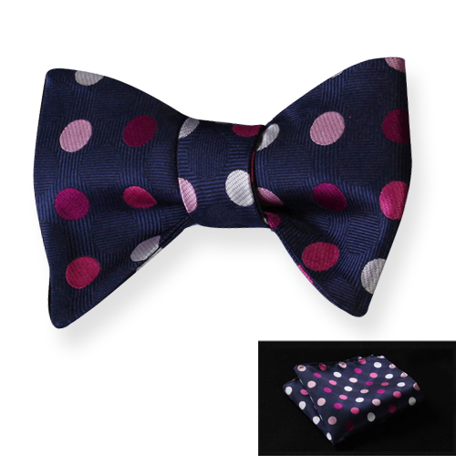 Men's Silk Pink Navy Blue Polka Dot Self Bow Tie Matching Handkerchief - Amedeo Exclusive