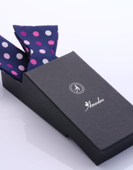 Men's Silk Pink Navy Blue Polka Dot Self Bow Tie Matching Handkerchief - Amedeo Exclusive