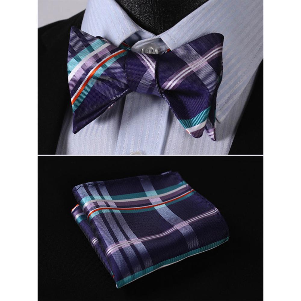 Men's Purple Aqua Orange Check Bow Tie & Pocket Handkerchief - Identical 20 - Amedeo Exclusive