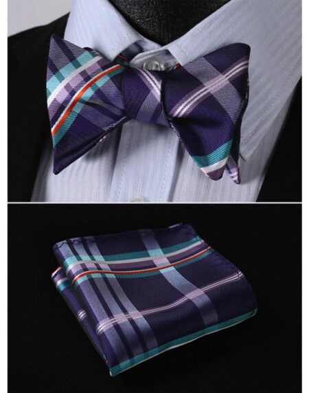 Men's Purple Aqua Orange Check Bow Tie & Pocket Handkerchief - Identical 28 - Amedeo Exclusive