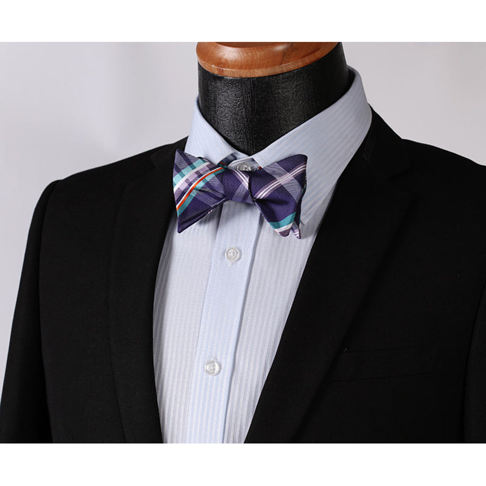 Men's Purple Aqua Orange Check Bow Tie & Pocket Handkerchief - Identical 149 - Amedeo Exclusive