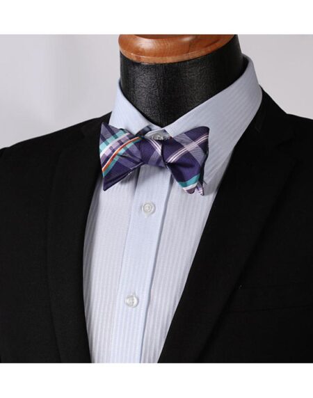 Men's Purple Aqua Orange Check Bow Tie & Pocket Handkerchief - Identical 18 - Amedeo Exclusive
