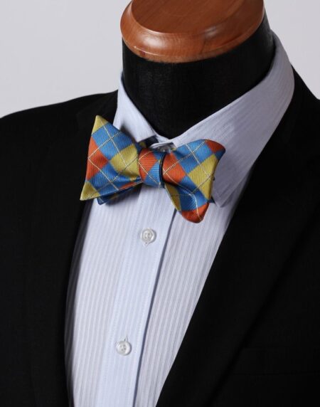 Men's Olive Orange Blue Check Silk Self Bow Tie With Handkerchief - Amedeo Exclusive