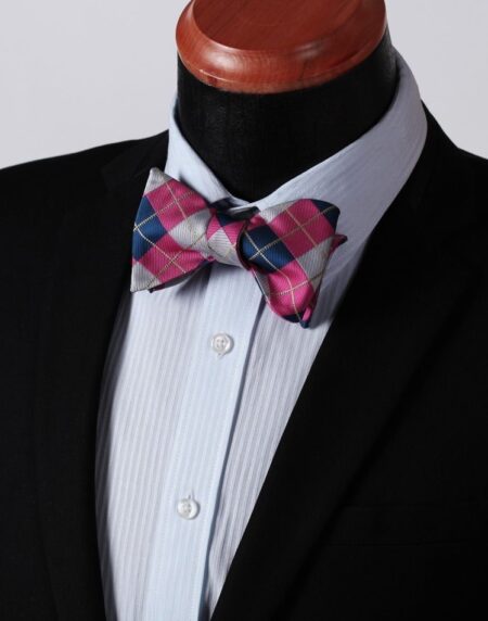 Men's Pink Gray Check Silk Self Bow Tie & Handkerchief - Amedeo Exclusive