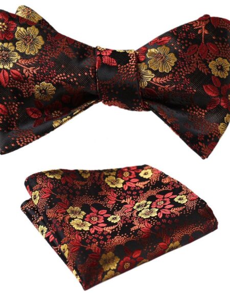 Men's Silk Orange Floral Self  Bow Tie Pocket Handkerchief - Amedeo Exclusive
