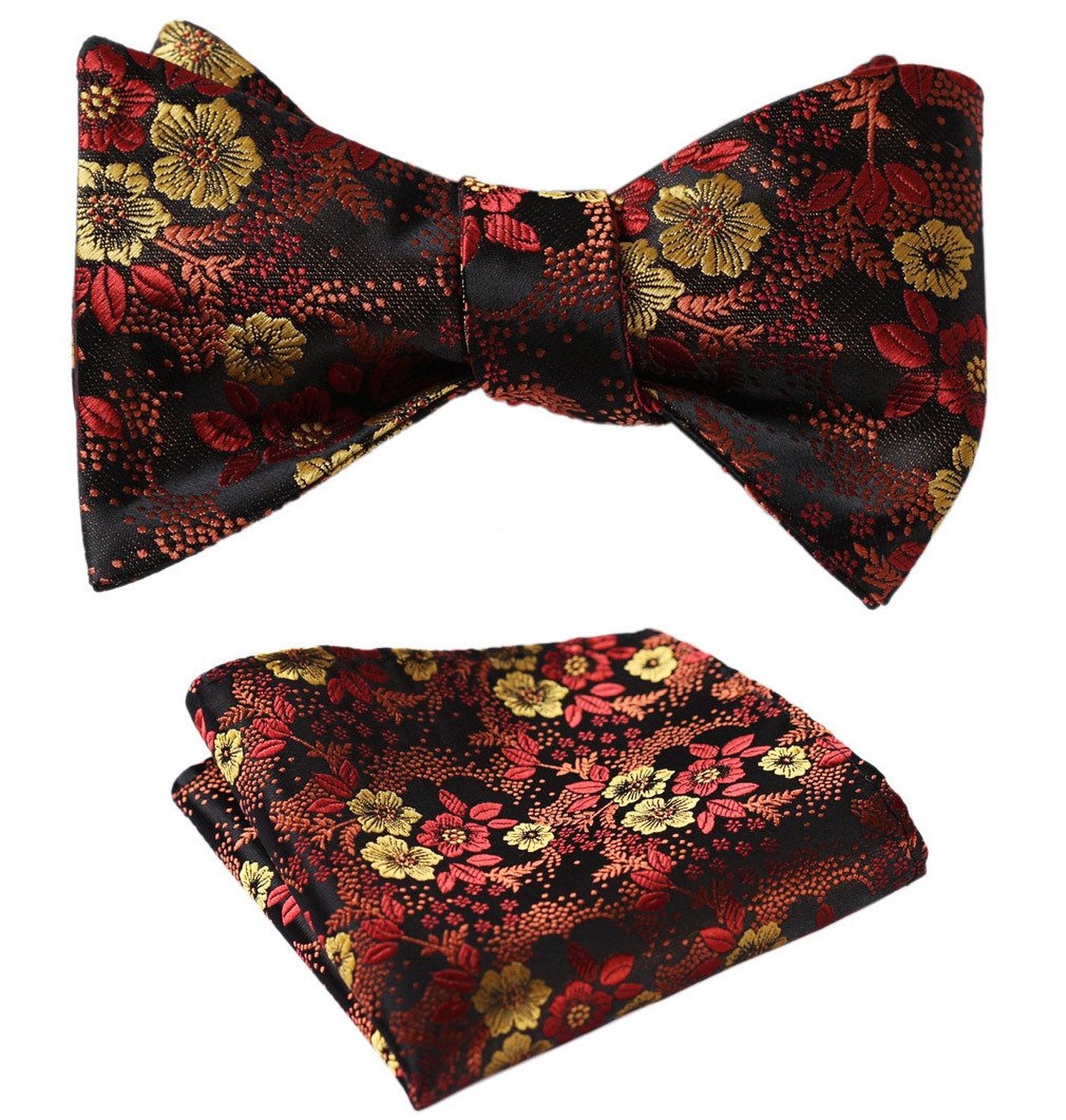Men's Silk Orange Floral Self Bow Tie Pocket Handkerchief - Amedeo Exclusive