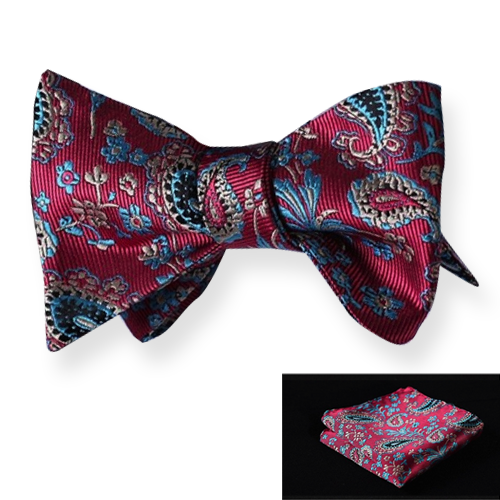 Red Blue Paisley Mens Silk Self tie Bow Tie with Pocket Squares Set - Amedeo Exclusive