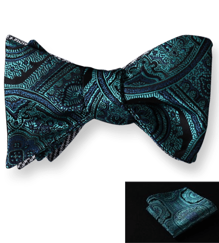 Men's Silk Aqua Floral check Self  Bow Tie with Pocket Handkerchief - Amedeo Exclusive