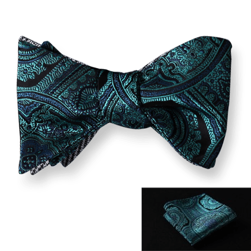 Men's Silk Aqua Floral check Self Bow Tie with Pocket Handkerchief - Amedeo Exclusive
