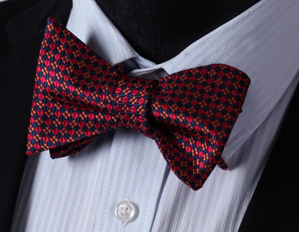 Men's Silk Orange Blue Check Self Bow Tie Pocket Handkerchief - Amedeo Exclusive
