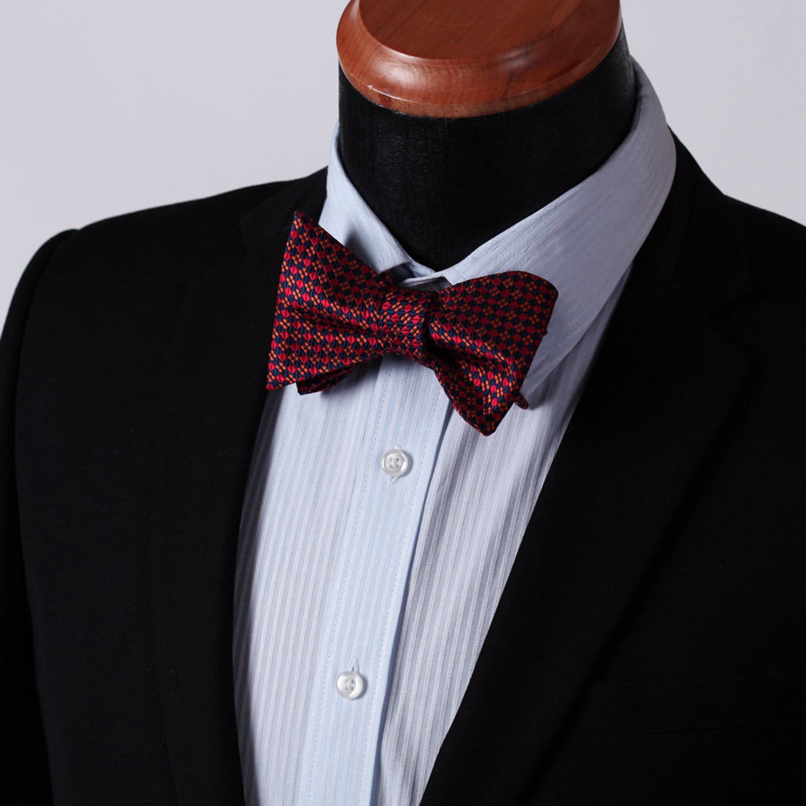 Men's Silk Orange Blue Check Self Bow Tie Pocket Handkerchief - Amedeo Exclusive