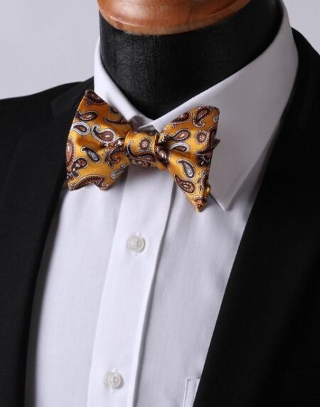 Orange Brown Paisley Mens Silk Self tie Bow Tie with Pocket Squares Set - Amedeo Exclusive
