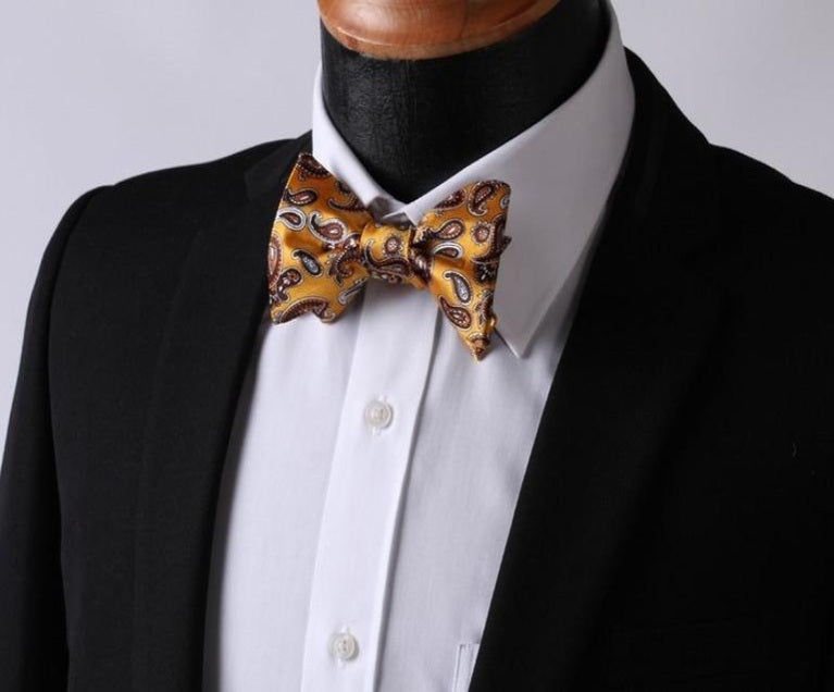 Orange Brown Paisley Mens Silk Self tie Bow Tie with Pocket Squares Set