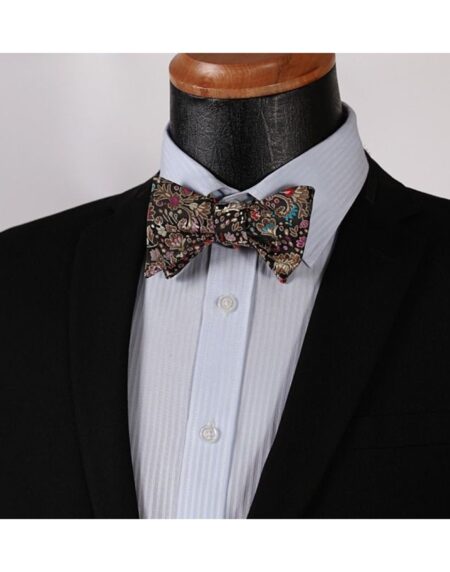 Men's Silk Brown Pink Floral Self Bow Tie Handkerchief - Amedeo Exclusive