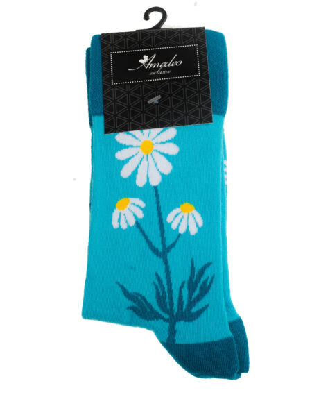 Blue and White Flower Printed -European Made – Egyptian Cotton Socks – Premium Cotton Fun socks with Soft Elastic