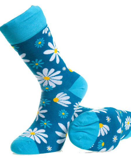 Blue With White Flowers-European Made – Egyptian Cotton Socks – Premium Cotton Fun socks with Soft Elastic
