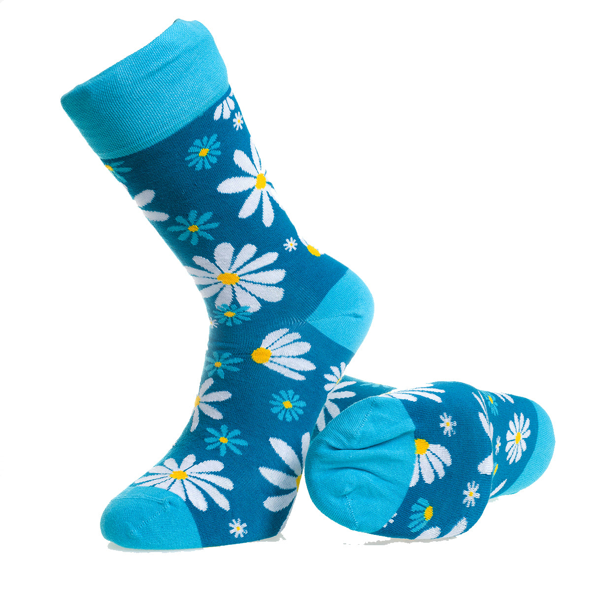 Blue With White Flowers-European Made – Egyptian Cotton Socks – Premium Cotton Fun socks with Soft Elastic
