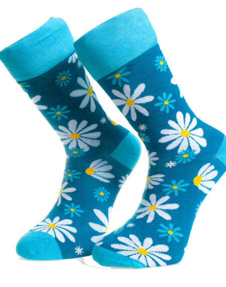 Blue With White Flowers-European Made – Egyptian Cotton Socks – Premium Cotton Fun socks with Soft Elastic