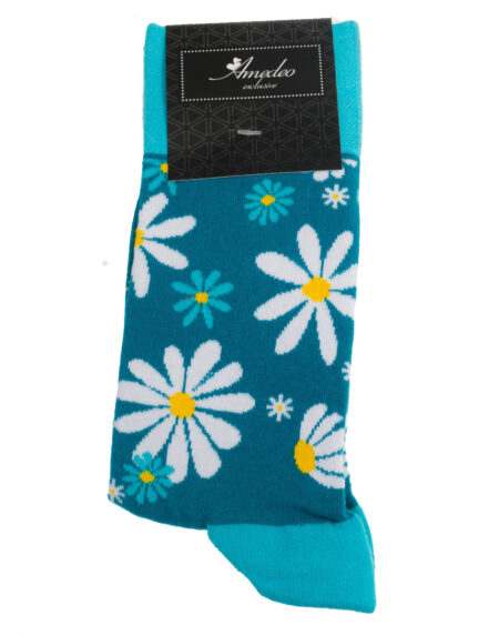 Blue With White Flowers-European Made – Egyptian Cotton Socks – Premium Cotton Fun socks with Soft Elastic