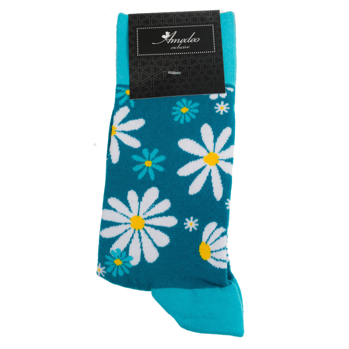 Blue With White Flowers-European Made - Egyptian Cotton Socks - Premium Cotton Fun socks with Soft Elastic - Image 3