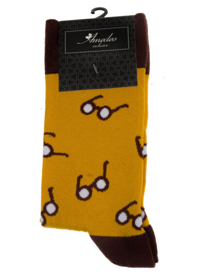 Yellow With White Glasses Printed-European Made – Egyptian Cotton Socks – Premium Cotton Fun socks with Soft Elastic