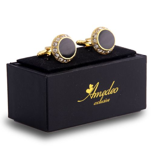 Gold Mens Stainless Steel Circles With Stones Cufflinks for Shirt with Box - Hand Crafted Perfect - Image 2