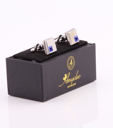 Men’s Stainless Steel Silver Small Light Blue Square Cufflinks with Box