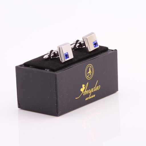 Men's Stainless Steel Silver Small Light Blue Square Cufflinks with Box - Image 2