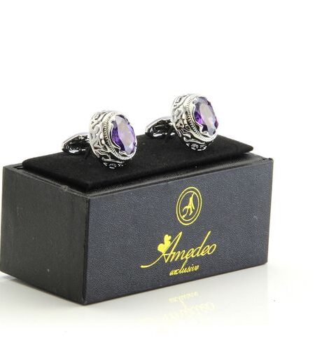 Silver with Purple Mens Stainless Steel Big Stone Cufflinks for Shirt with Box – Hand Crafted