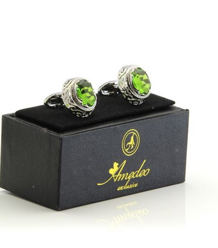 Silver with Big Green Stone Mens Stainless Steel Round Cufflinks for Shirt with Box – Hand Crafted Perfect