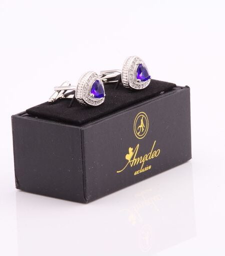 Silver with Light Blue Stone Mens Stainless Steel Triangle Cufflinks for Shirt with Box – Hand