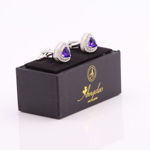 Silver with Light Blue Stone Mens Stainless Steel Triangle Cufflinks for Shirt with Box - Hand - Image 2