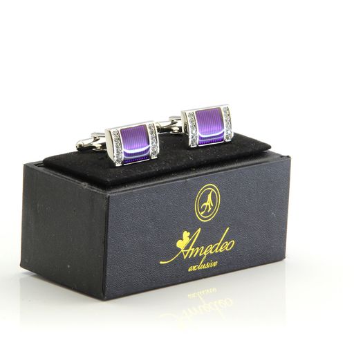 Men's Stainless Steel Silver with Purple and Stones Cufflinks with Box - Image 2