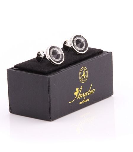Silver Black with Zirconia Mens Stainless Steel Round Cufflinks For Shirt With Box – Hand Crafted Perfect