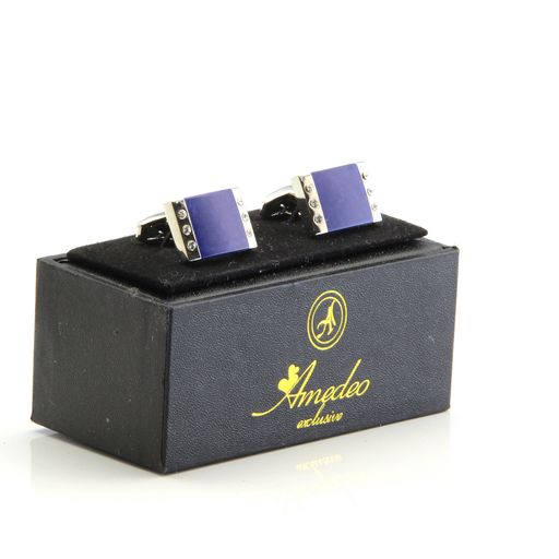 Men's Stainless Steel Silver with Blue Marble Cufflinks with Box - Image 2