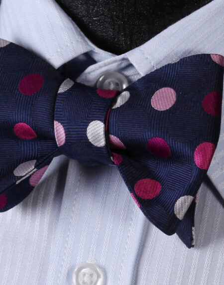 Men's Silk Pink Navy Blue Polka Dot Self Bow Tie Matching Handkerchief - Amedeo Exclusive