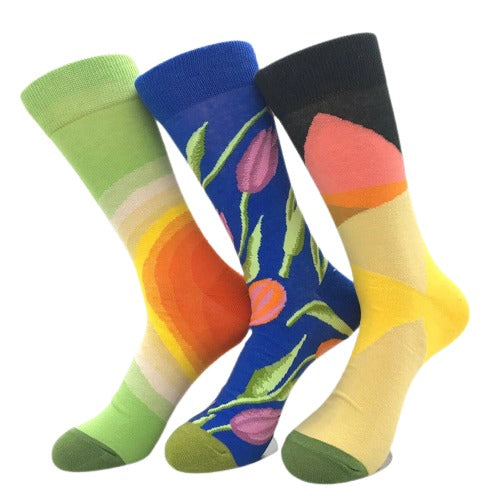 Floral Printed Mens Colorful Crew Socks – Premium Cotton Fun socks with Soft Elastic – 3 Pack Bundle