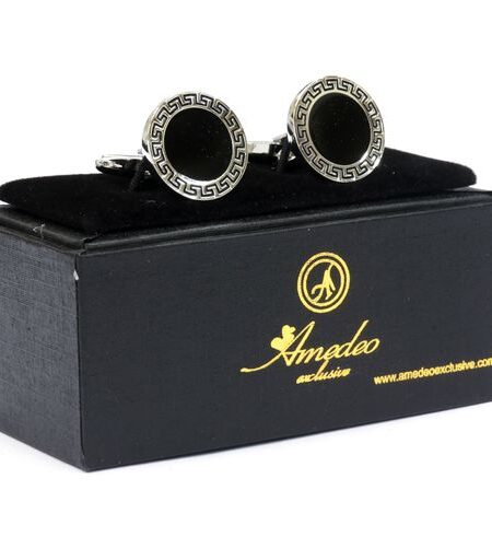 Silver + Black Mens Stainless Steel Steel Round Greek Cufflinks for Shirt with Box – Hand Crafted Perfect Gift