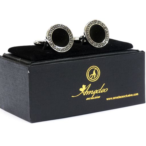 Silver + Black Mens Stainless Steel Steel Round Greek Cufflinks for Shirt with Box - Hand Crafted Perfect Gift - Image 2