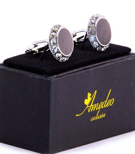 Black Mens Stainless Steel Round with Stones Cufflinks for Shirt with Box – Hand Crafted Perfect