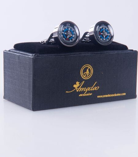 Men’s Stainless Steel Silver with Black Compass (Fully Functional) Cufflinks with Box