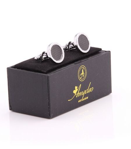 Silver + Black Carbon Fiber Mens Stainless Steel Round Cufflinks for Shirt with Box – Hand Crafted