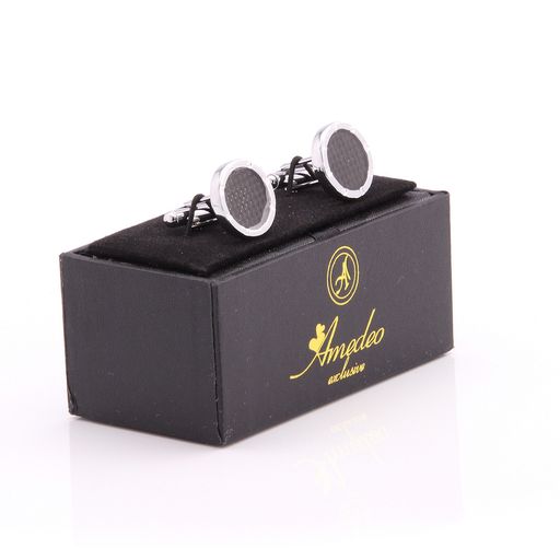 Silver + Black Carbon Fiber Mens Stainless Steel Round Cufflinks for Shirt with Box - Hand Crafted - Image 2
