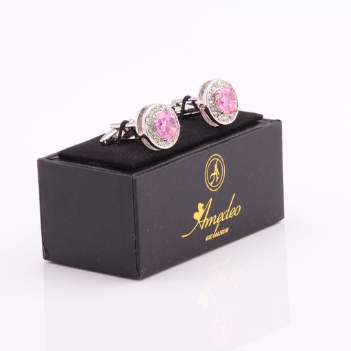 Pink Round Big Stone Mens Stainless Steel Rectangular Cufflinks for Shirt with Box - Hand Crafted - Image 2
