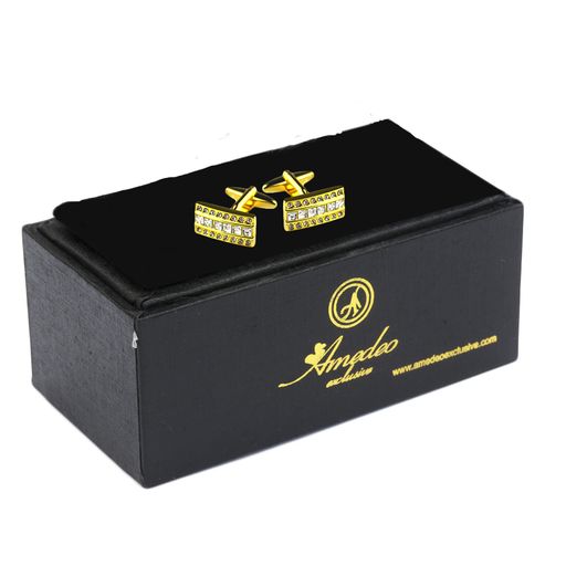 Gold Mens Stainless Steel Rectangle with Zirconia's Cufflinks for Shirt with Box - Hand Crafted - Image 2