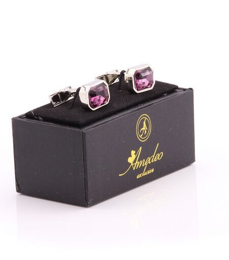 Silver with Big Purple Stone Mens Stainless Steel Rectangular Cufflinks for Shirt with Box – Hand