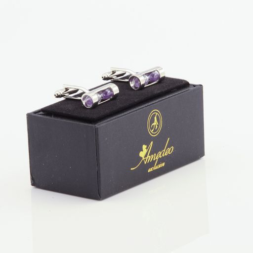 Men's Stainless Steel Purple Hour Glass Cufflinks with Box - Image 2